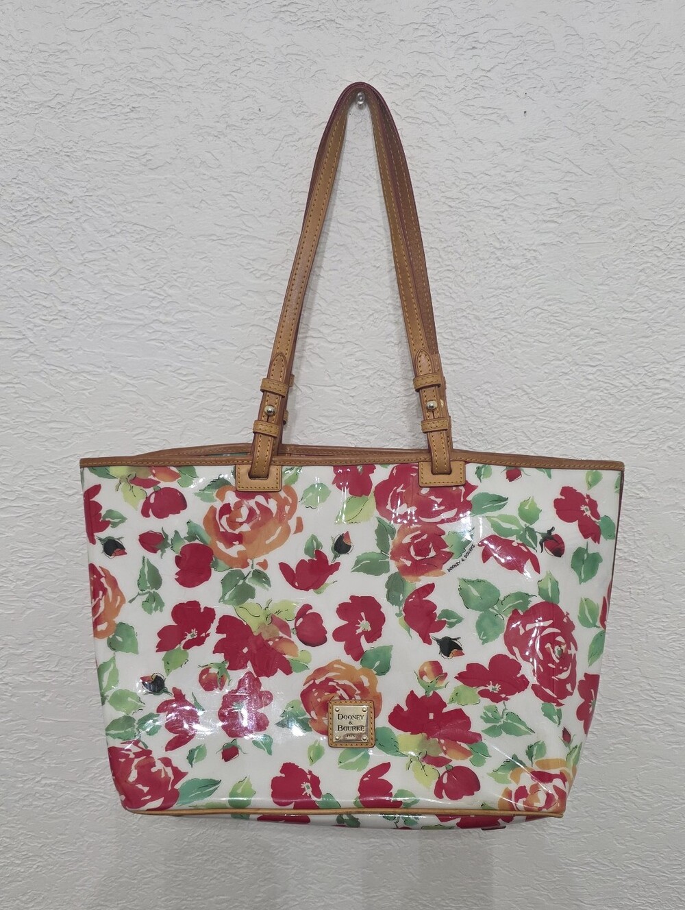 Dooney & Bourke Floral Tote Bag - White with Red & Green Floral Print